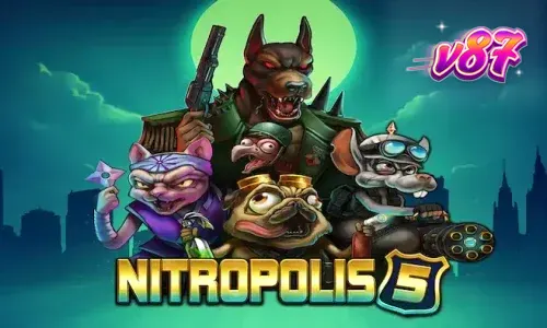Tampilan visual intens dari permainan slot Nitropolis 5 dengan latar belakang kota yang terbakar.